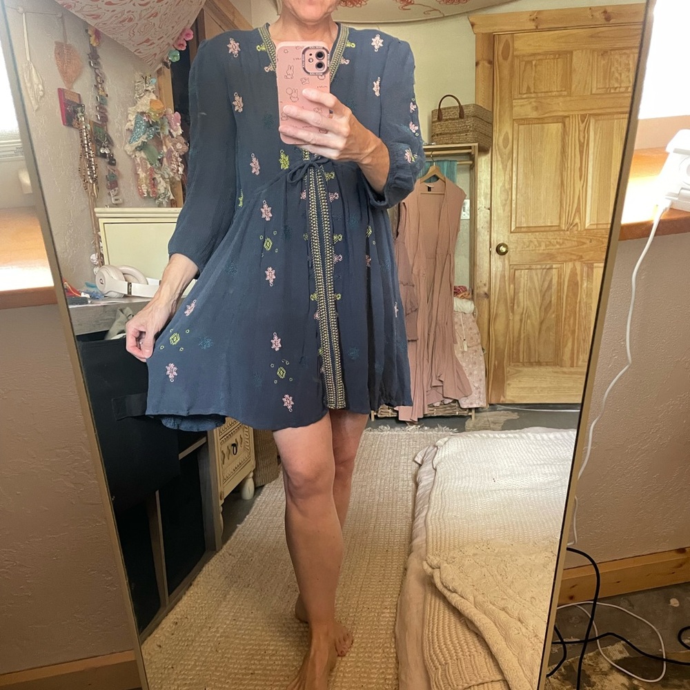 Free People Blue and Gold Buttoned Long Sleeve Sundress